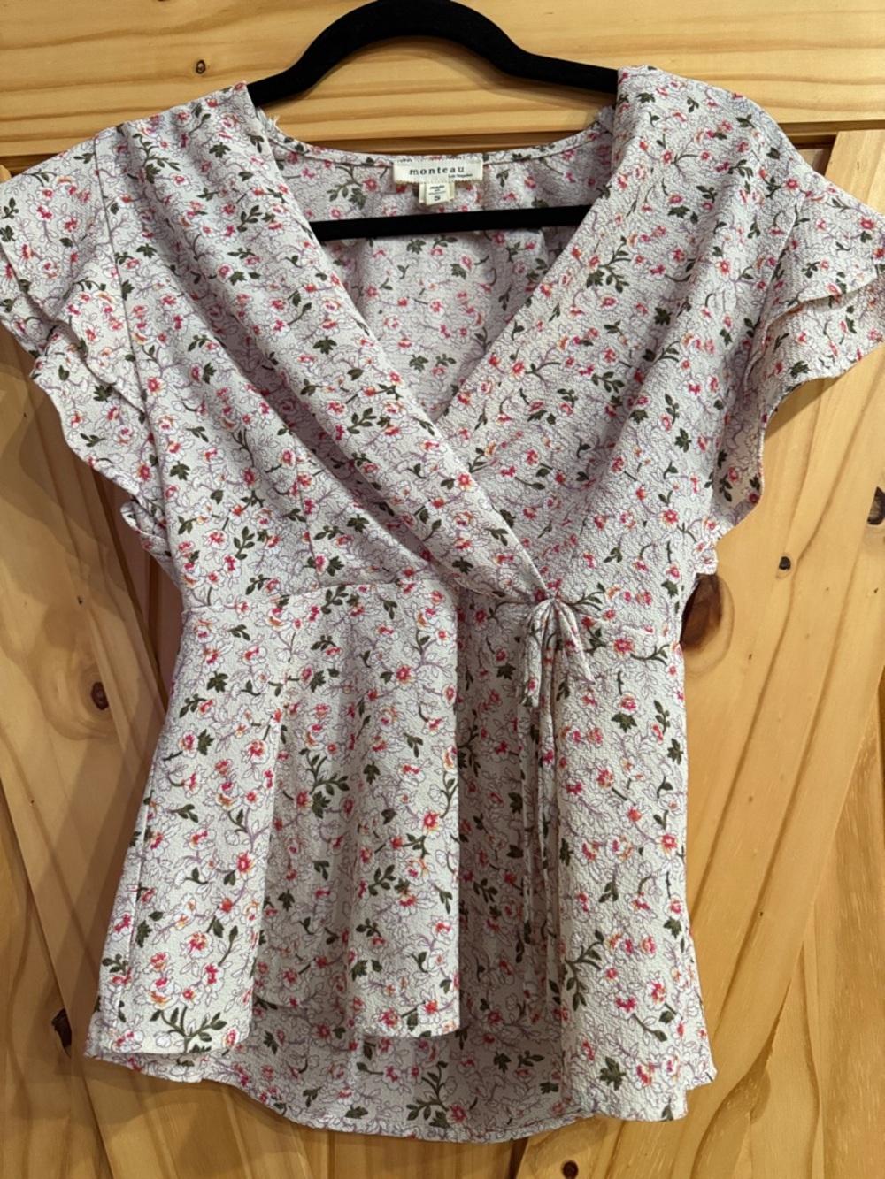 Monteau Pink Floral Wrap Blouse with Tie Waist